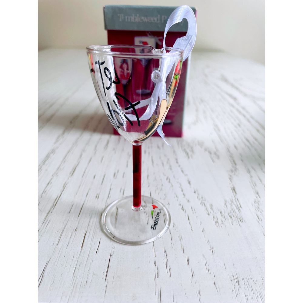 Tumbleweed Pottery Let It Flow Wine Glass Ornament Hand‎ Painted Mini Boxed
